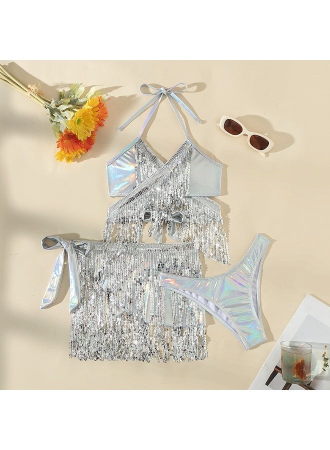 3 pieces Sparkly Silver Sequin Fringe Belly Dance Skirt Tassel Shorts Belly Dancing Skirts Rave Outfit for Women L ﻿ ﻿ - Image 1